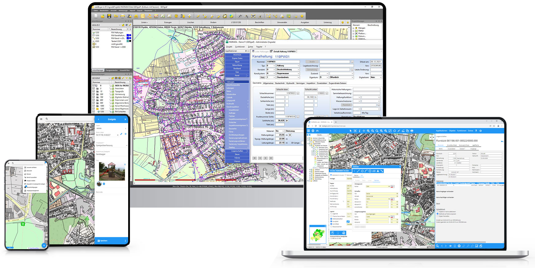 INGRADA auf allen Endgeräten: Desktop Web-GIS Tablet und Smartphone